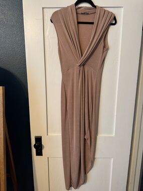 Sleeveless Twist-Front Taupe Sheer Dress